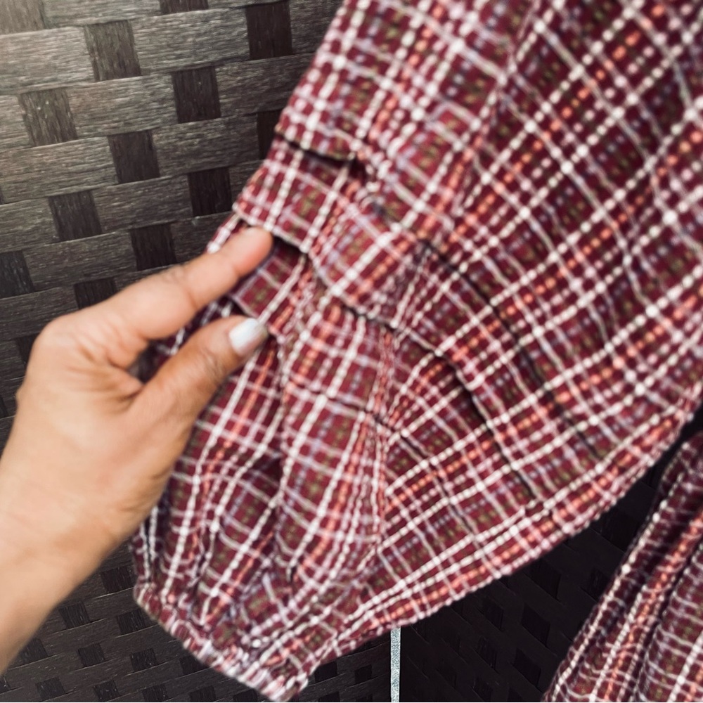 Madewell Merlot Seersucker Checkered Long Sleeve, V neck Dress - Size XS - Picture 7 of 16